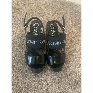 Calvin KLEIN Bethan Logo Wedge Sandals Black Patent Size 5.5